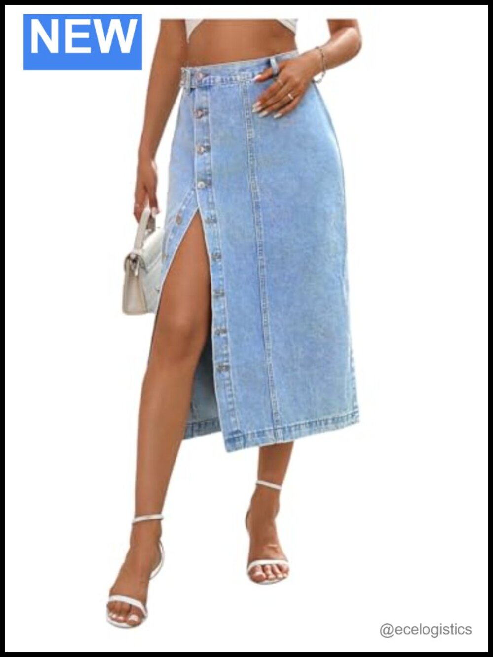 High Waisted Slit Denim Midi Skirt Button Front Casual Pencil Skirt